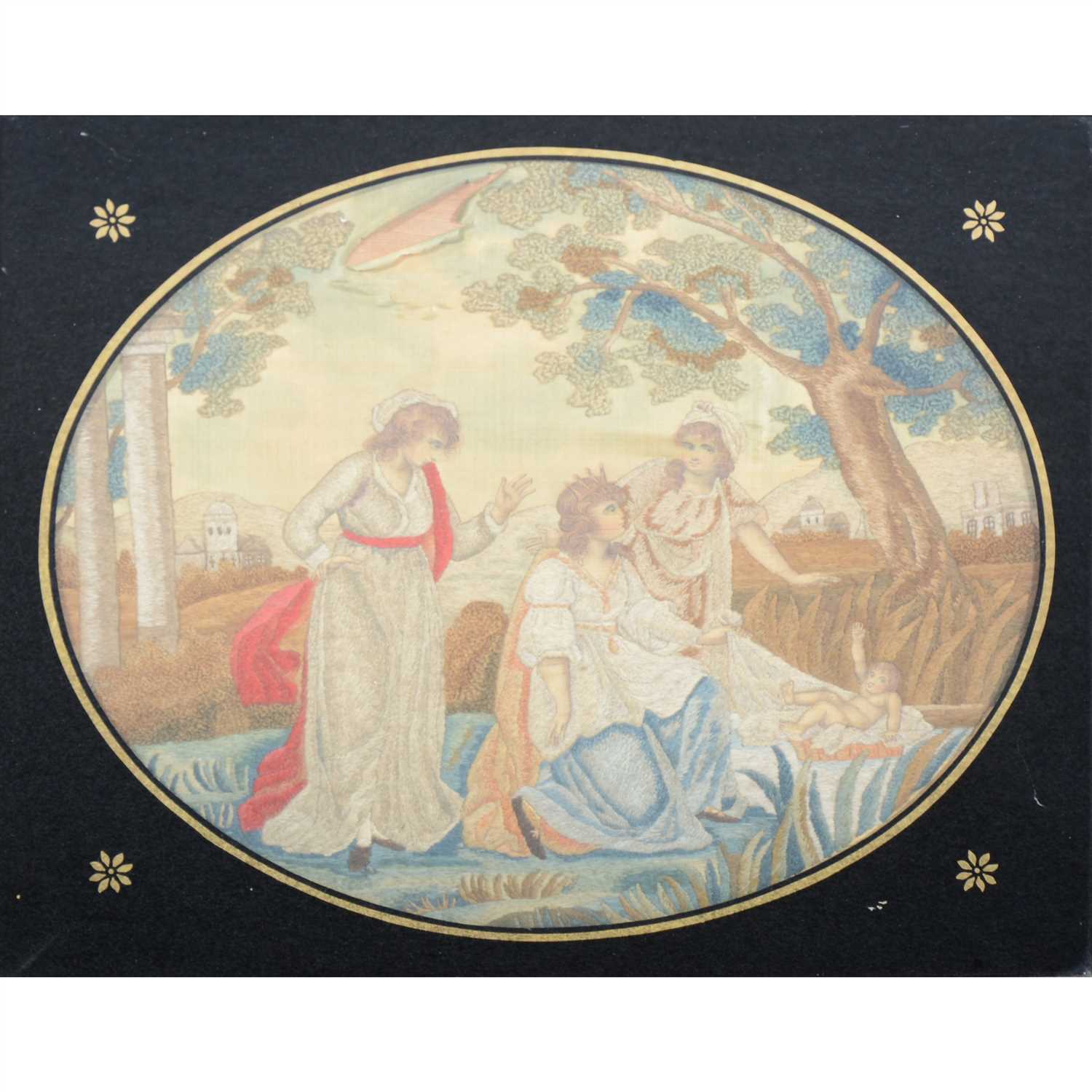 Lot 462 - A George III silk embroidered picture, Moses discovered in the bulrushes