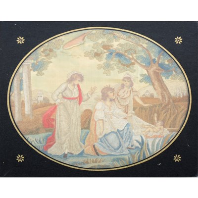 Lot 462 - A George III silk embroidered picture, Moses discovered in the bulrushes