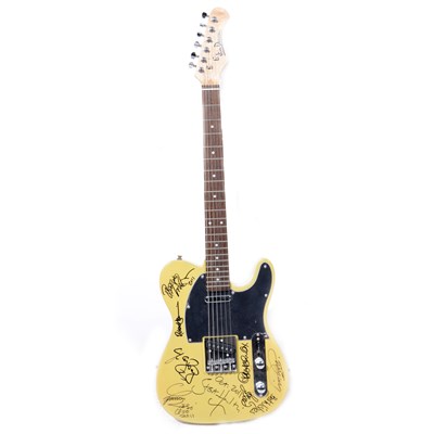 Lot 414 - Jim Deacon Fender Telecaster style guitar, bearing signatures from Status Quo, Go West and others.