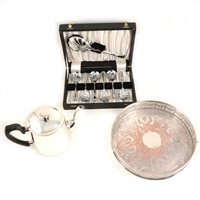 Lot 91 - An eight place cased set of silver-plate Sheffield Cutlery, with bead edging, other cased sets of flatware including fruit sets, a silver-plated salver etc.