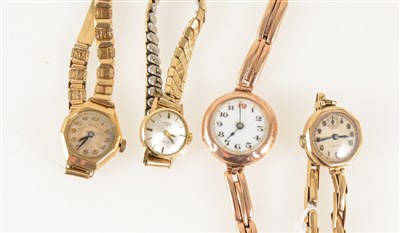 Lot 199 - Four gold wrist watches, all lady's, a Rotary with 9 carat gold case on metal expanding bracelet, a Mimo with 9 carat gold case and rolled gold bracelet