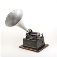 Lot 75 - An Edison "Gem"  phonograph in oak case with aluminium horn serial number on plate G124955 with a single cylinder "Comic Stop Yer Tickling Jock" (different to label on box)