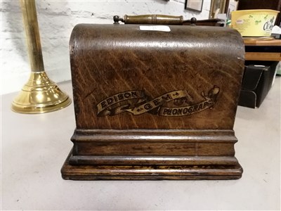 Lot 75 - An Edison "Gem"  phonograph in oak case with aluminium horn serial number on plate G124955 with a single cylinder "Comic Stop Yer Tickling Jock" (different to label on box)