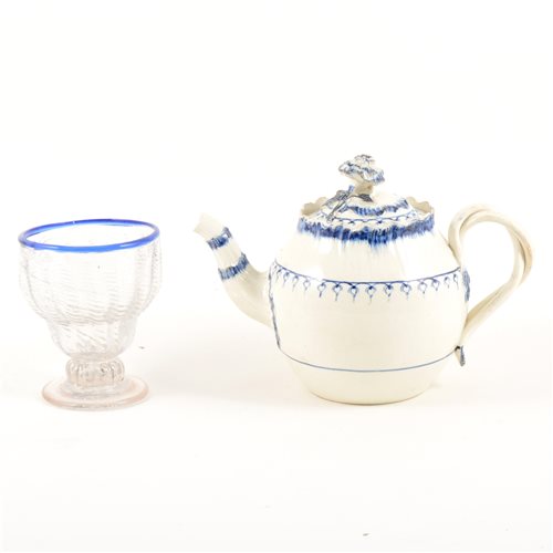 Lot 39 - 18th Century pearlware teapot, damaged., and 19th Century swirl fluted glass with blue rim