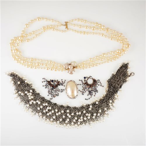 Lot 315 - Miriam Haskell - A signed faux baroque pearl necklace, and other costume jewellery.