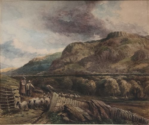 Lot 249 - A pair of watercolours signed David Cox, a landscape with fells and sheep passing through a gate, 20cm x 25cm, villagers going to church 17cm x 25cm.