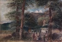 Lot 249 - A pair of watercolours signed David Cox, a landscape with fells and sheep passing through a gate, 20cm x 25cm, villagers going to church 17cm x 25cm.