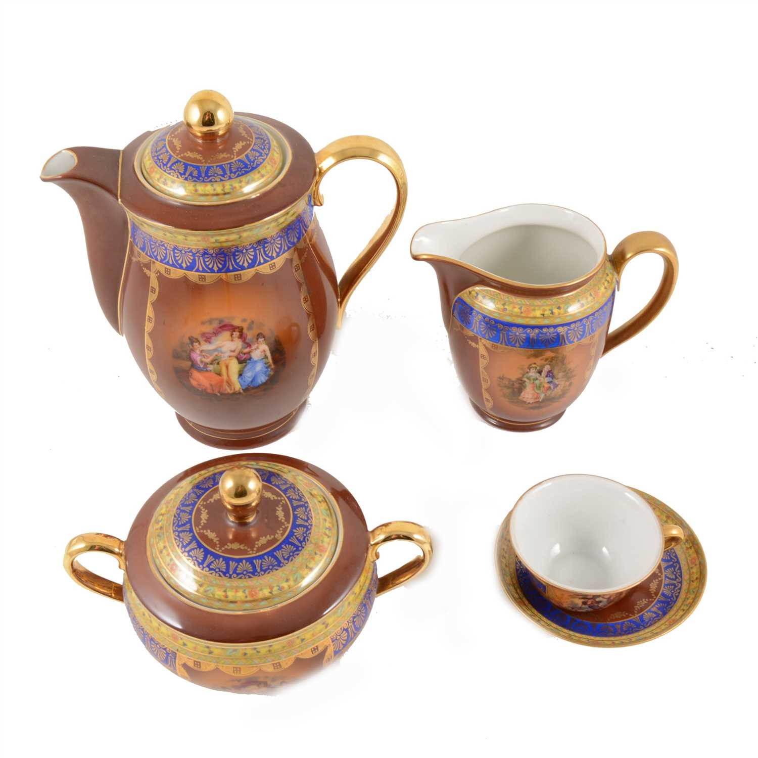 Lot 2 - A Slovakia coffee service in the "Rembrandt" design, burgundy ground with borders of blue and gilt, yellow floral.