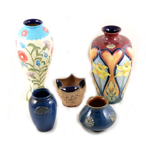 Lot 46 - Jeanne McDougall for Old Tupton Ware, two tube lined floral flowers, heart and daffodil 26cm, spring flowers 28cm