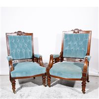 Lot 287 - A pair of Victorian oak salon easy chairs, ...