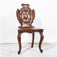 Lot 272 - Victorian oak hall chair, cartouche-shape back, ...