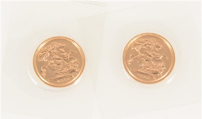 Lot 208 - Two Half Sovereigns - Queen Elizabeth II 2000, George & The Dragon back, sealed in plastic, boxed.