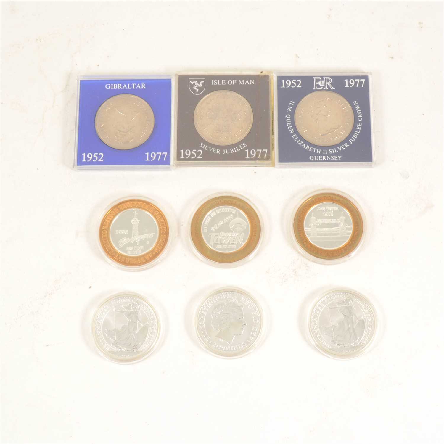Lot 130 - A collection of modern silver and nickel coins, British paper money, fine silver "Limited Edition Ten Dollar Gaming Tokens" Britannia silver two pound coins weighing 1oz each