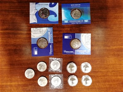 Lot 130 - A collection of modern silver and nickel coins, British paper money, fine silver "Limited Edition Ten Dollar Gaming Tokens" Britannia silver two pound coins weighing 1oz each