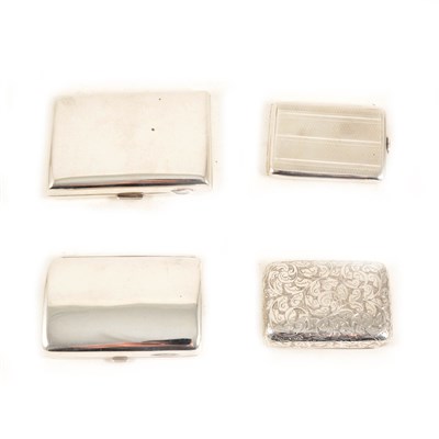 Lot 224 - A Victorian silver snuff box, silver cigarette cases, silver matchbox frame and other silver cases.