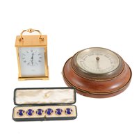 Lot 79 - Set of enamelled buttons, carriage clock, barometer, clay and other silver mounted pipes, etc.