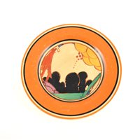 Lot 598 - A Clarice Cliff side plate with orange border, 'Summerhouse' design.