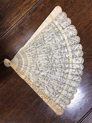 Lot 82 - Cantonese carved ivory  and silk embroidered fan, circa 1900