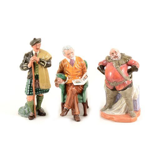 Lot 3 - Five Royal Doulton figures, including The Laird HN2361, Pride and Joy and Falstaff, together with two seconds, (5).