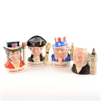 Lot 50 - Collection of seven Royal Doulton whisky flasks for Jim Beam bourbon, including two from the Pickwick Collection, two Douton character jugs, Sir Henry Doulton and John Doulton