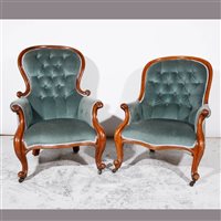 Lot 263 - Near pair of Victorian mahogany framed easy-chairs, ...