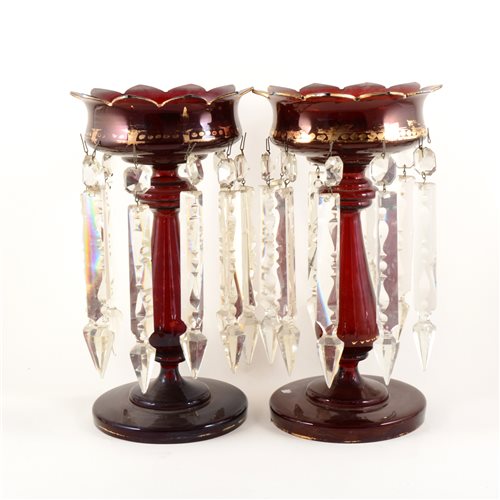 Lot 30 - Pair of large ruby tinted glass lustres, ...
