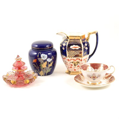 Lot 66 - Viennese china cabinet cup, another, cut glass, scent bottle and other ornaments.