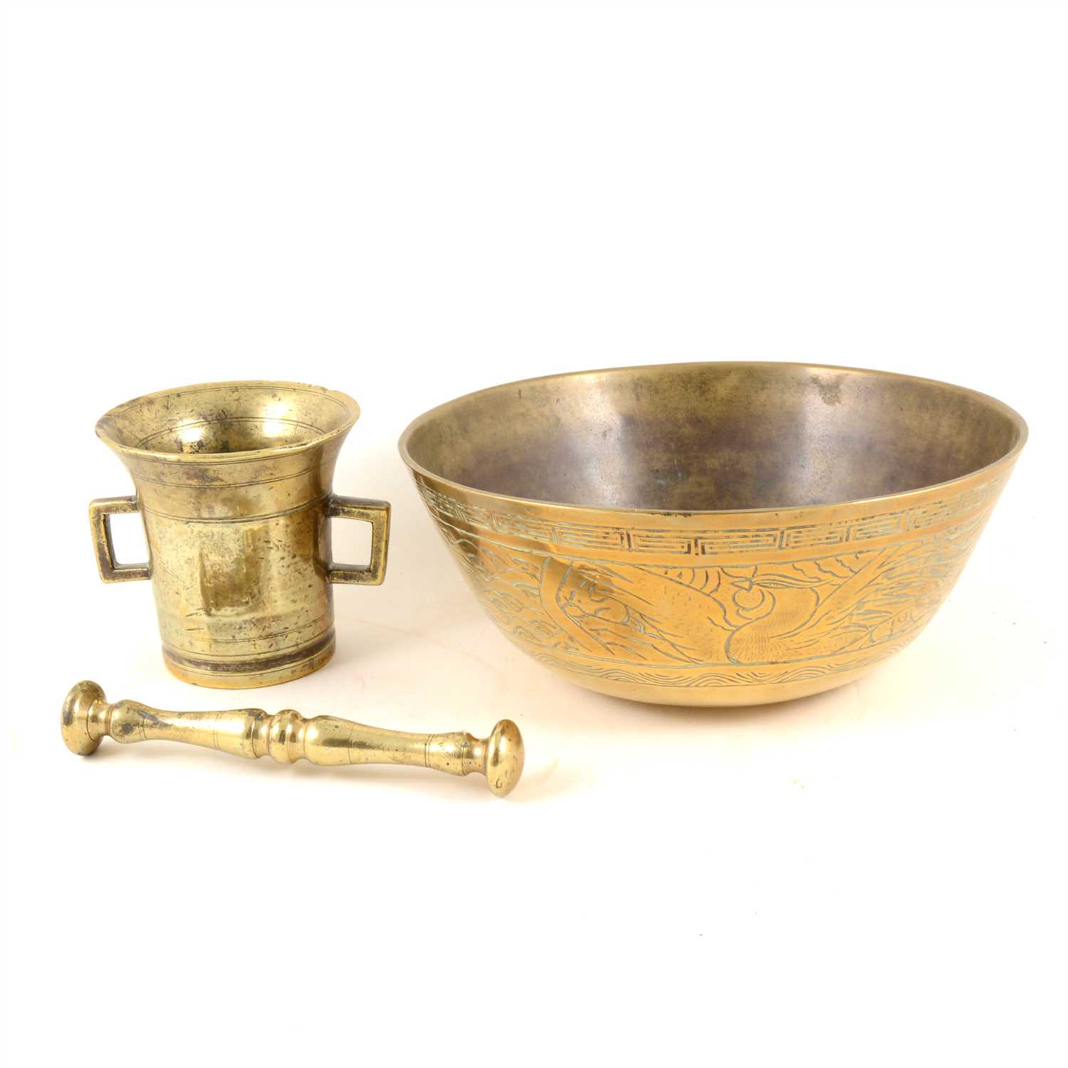 Lot 138 - Antique brass mortar and a brass bowl, (2).