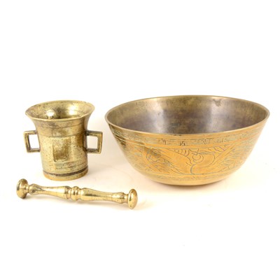 Lot 138 - Antique brass mortar and a brass bowl, (2).