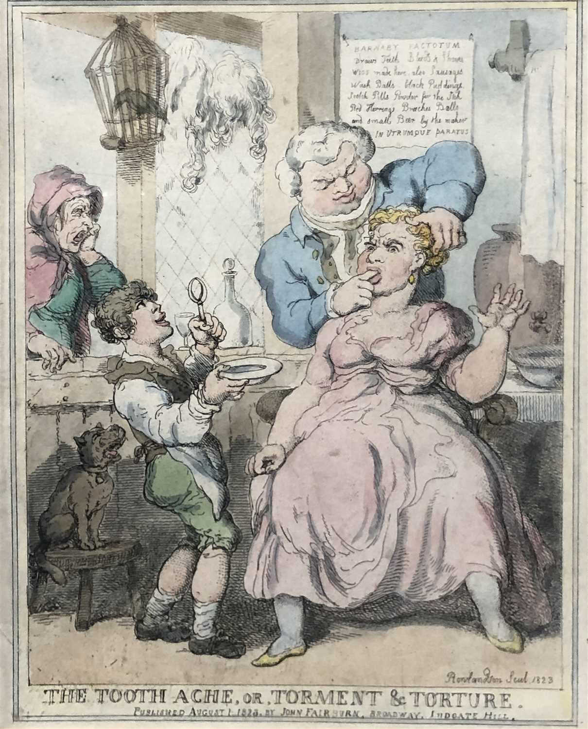 Lot 252 - After Thomas Rowlandson, "The Tooth Ache", hand-coloured etching, 25.5cm x 19.5cm.
