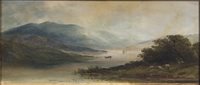 Lot 254 - Follower of D. Y. Cameron, Scottish loch scenes, oil on board, 24cm x 43cm visible size, and 25.3cm x 44.3cm visible size.