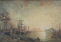 Lot 260 - Reginald Davis, "Harbour Scene", signed, watercolour, 37.1cm x 52.6cm visible size.