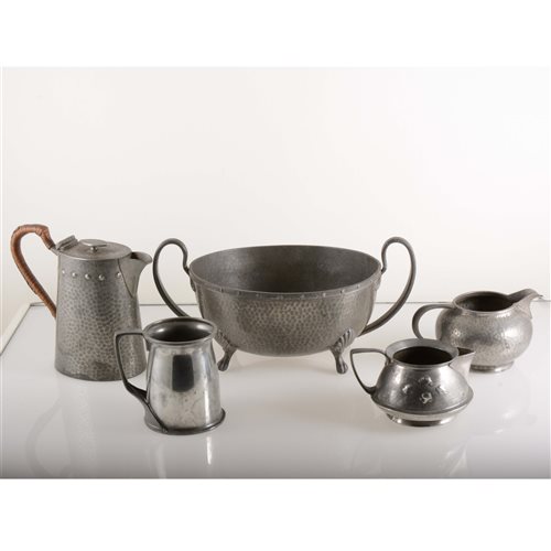 Lot 523 - Five items of pewter, including a Liberty & Co 'Tudric' tankard.