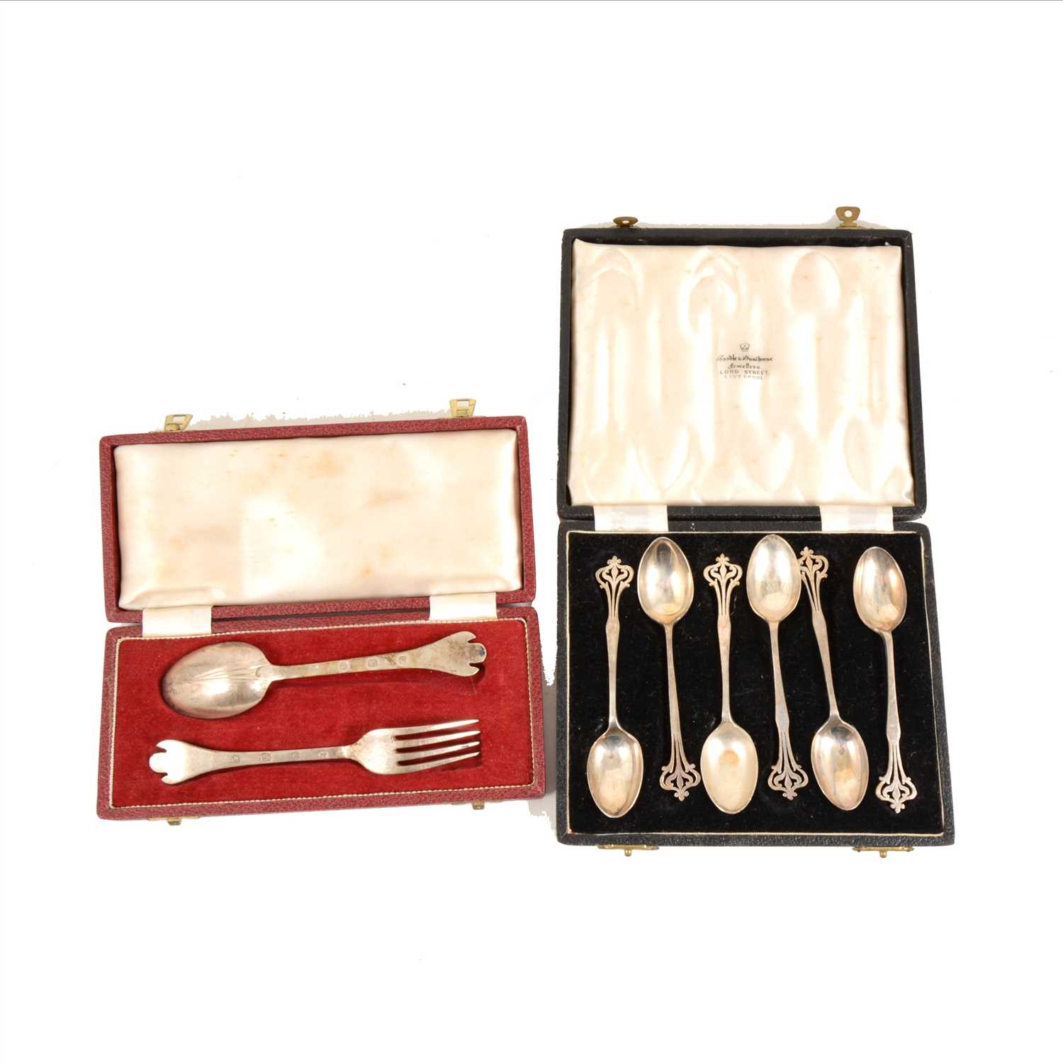 Lot 147 - Set of six Art Nouveau style silver teaspoons, Martin Hall & Co, Sheffield 1953
