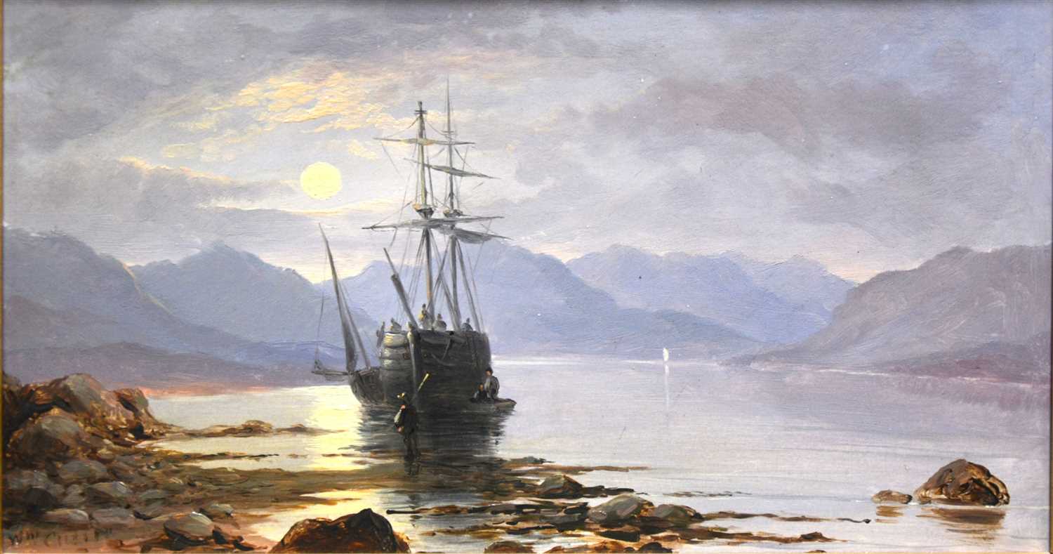 Lot 323 - William Currie, "Loch Long Moonlight", oil on board.