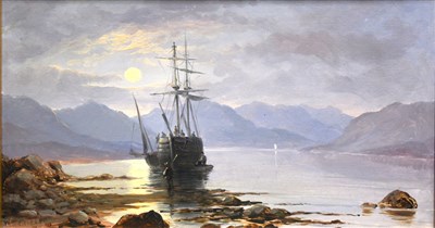 Lot 323 - William Currie, "Loch Long Moonlight", oil on board.