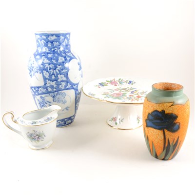 Lot 44 - A quantity of ceramics to include a Noritake floral teaset, Poole Pottery hors d'ouvre dish and another dish,  deco design vase, Aymsley cake stand etc