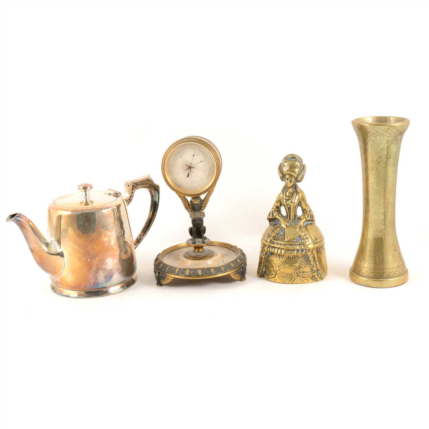 Lot 116 - A quantity of brass, copper and silver-plated wares, kettlem dishes, an oak framed circular wall barometer, and a barometer by W Moody Bell Cheltenham