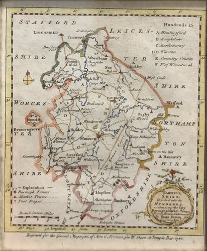 Lot 240 - Emanuel Bowen, Warwickshire, a small hand coloured county map