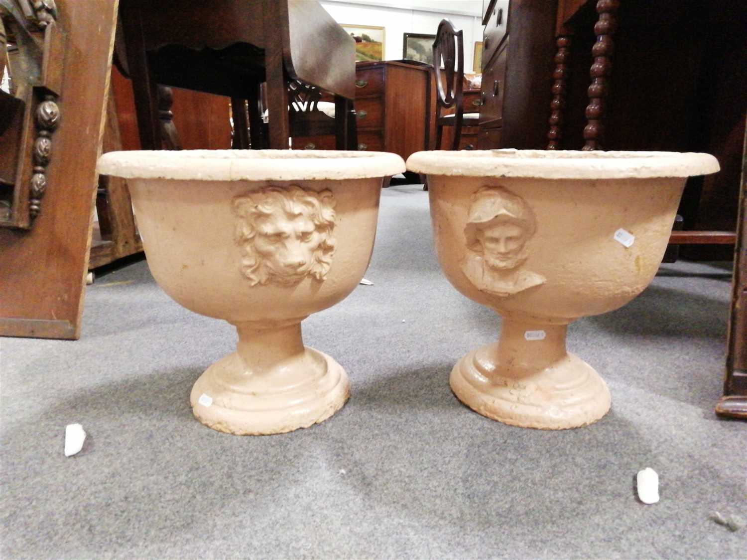 Lot 424 - Near pair of Victorian painted cast iron pedestal garden urns