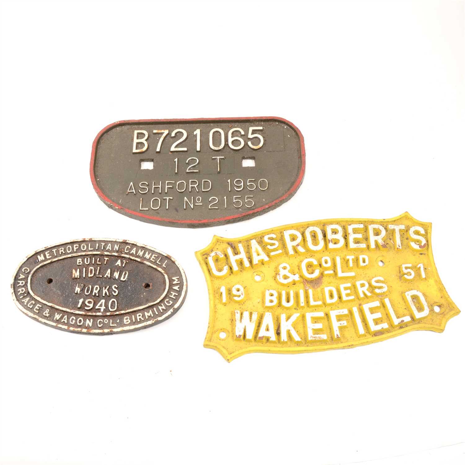 Lot 128 - Ten locomotive and other cast iron plates - LMS Wolverton 1836, three "Due For Paint 1965", Metropolitan Cammell Built at Midland Works 1960, Chas. Roberts & Co Ltd Builders Wakefield etc