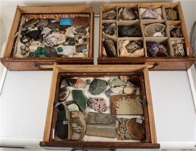 Lot 213 - A collectors cabinet by Henry Stone & Son, Banbury, 31cm x 45cm x 26cm, six drawers containing a quantity of uncut gemstone and polished fossilised material specimens