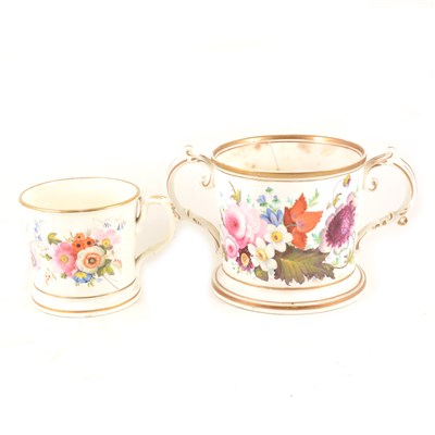 Lot 33 - A Worcester porcelain twin handled mug hand painted with flowers and gilt highlights, 12.5cm high, 21.5cm diameter, plus a smaller mug with the inscription "Joseph Wood 1843"