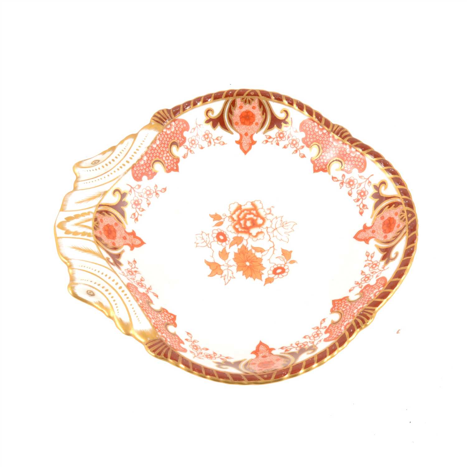 Lot 36 - A Royal Crown Derby porcelain dessert dish, puce floral decoration with gilded highlights, date cipher for 1889, pattern 2108, 23.5cm.