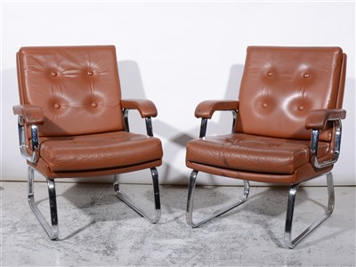 Lot 686 - Pair of leather and chrome framed armchairs, by Verco