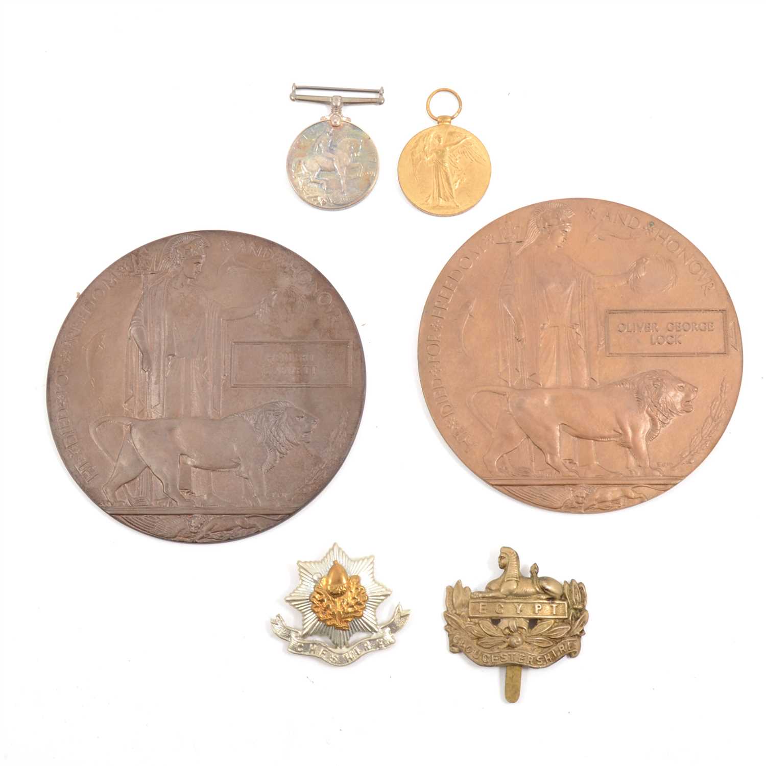 Lot 170 - Two pairs WWI medals, memorial plaques and ephemera