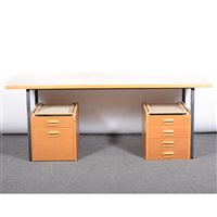 Lot 371 - A large Danish office desk, birch laminate, lacquered steel frame.