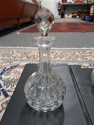 Lot 61 - Ruby glass mallet-shape decanter, and other glassware.