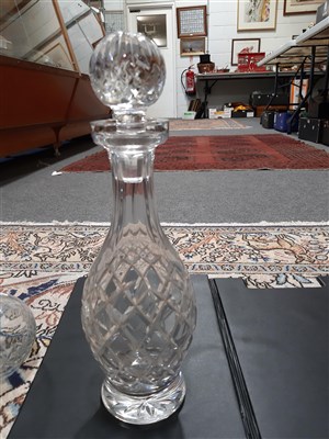 Lot 61 - Ruby glass mallet-shape decanter, and other glassware.