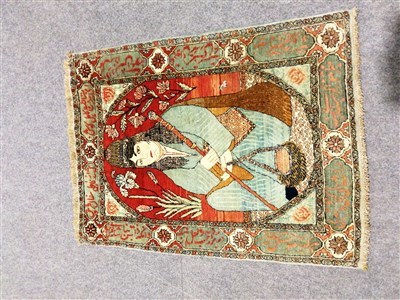 Lot 472 - Isfahan portrait rug, scripted border panels, 82cm x 63cm.